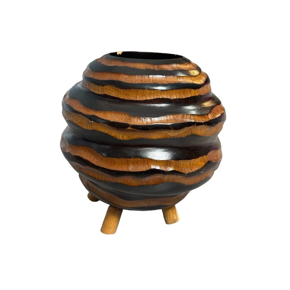 Hand Carved Wood Beehive Tripod Vase Brown Black Sculptural Boho Decor 6.5in